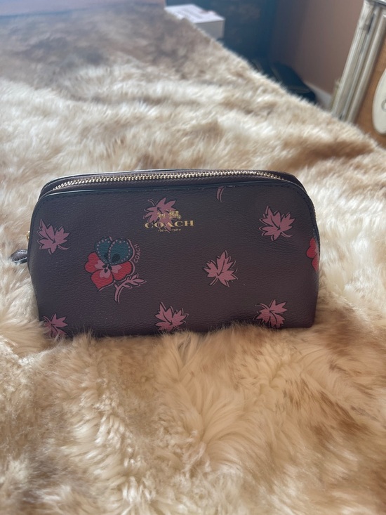 Coach Handbags - Coach Dark Brown Floral Zip Cosmetic Pouch with Pink Accents